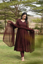 Teeya Creation Coffee Color Georgette Fabric Heavy Embroidery Work Fully Stitched Gown | Grocsy