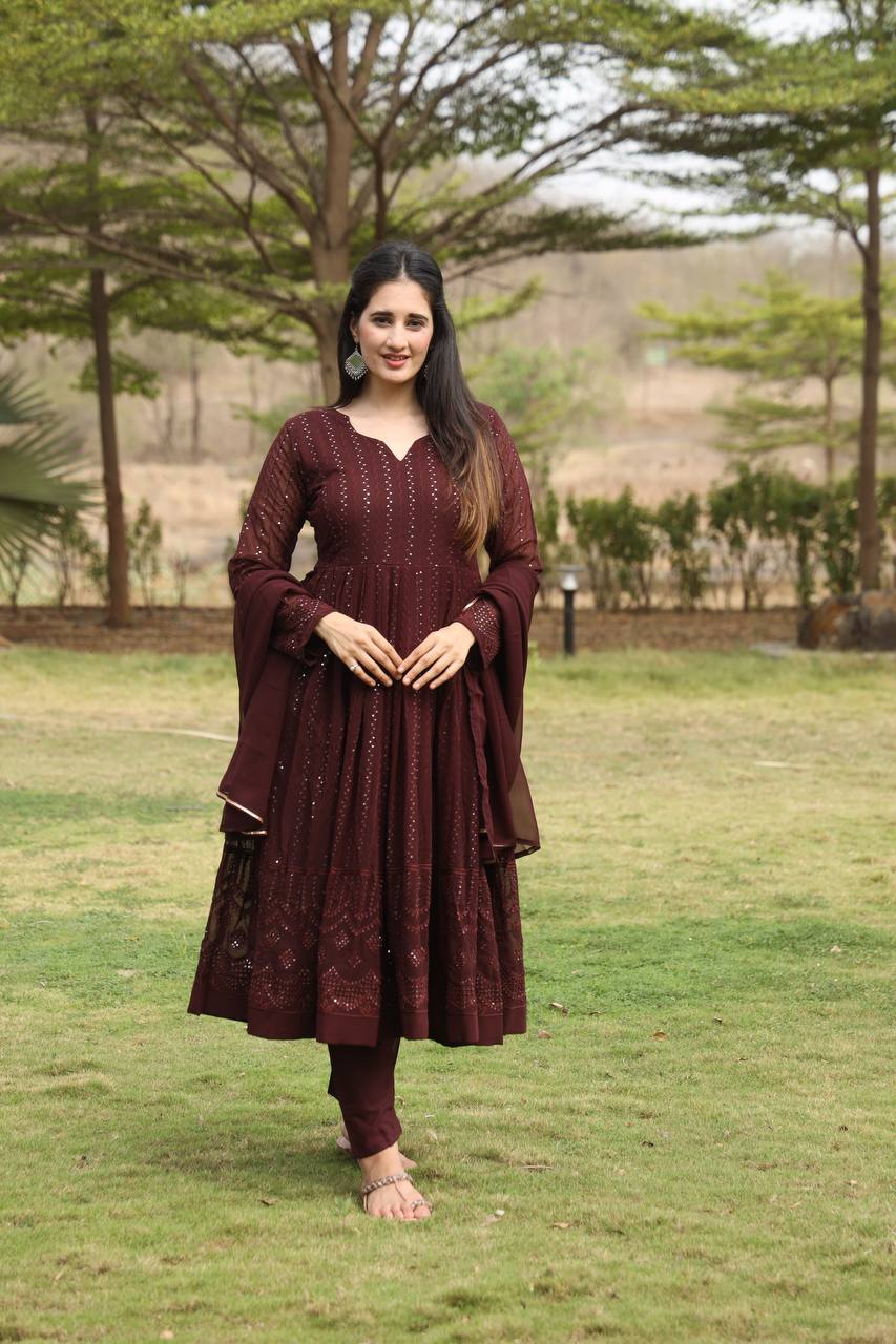 Teeya Creation Coffee Color Georgette Fabric Heavy Embroidery Work Fully Stitched Gown | Grocsy