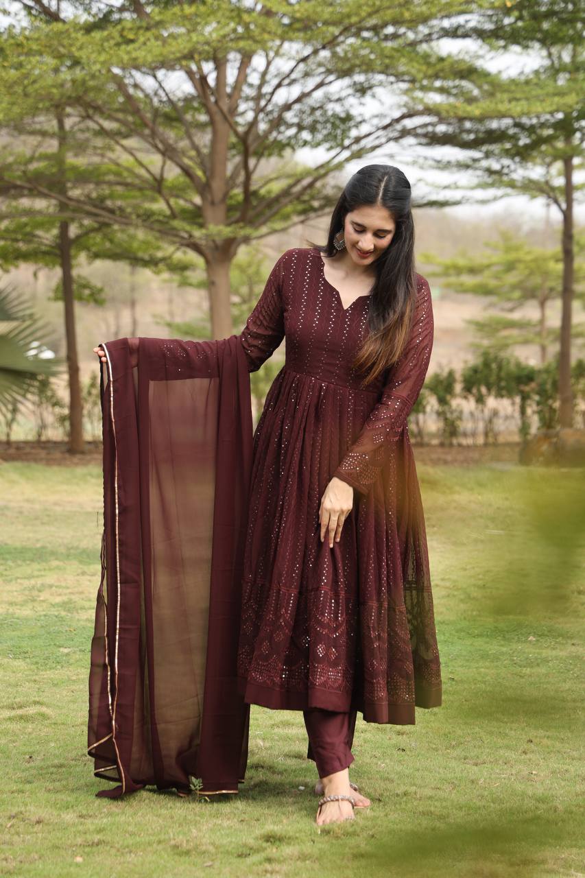 Teeya Creation Coffee Color Georgette Fabric Heavy Embroidery Work Fully Stitched Gown | Grocsy