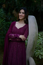 Teeya Creation Wine Color Georgette Fabric Heavy Embroidery Work Fully Stitched Gown | Grocsy