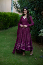 Teeya Creation Wine Color Georgette Fabric Heavy Embroidery Work Fully Stitched Gown | Grocsy