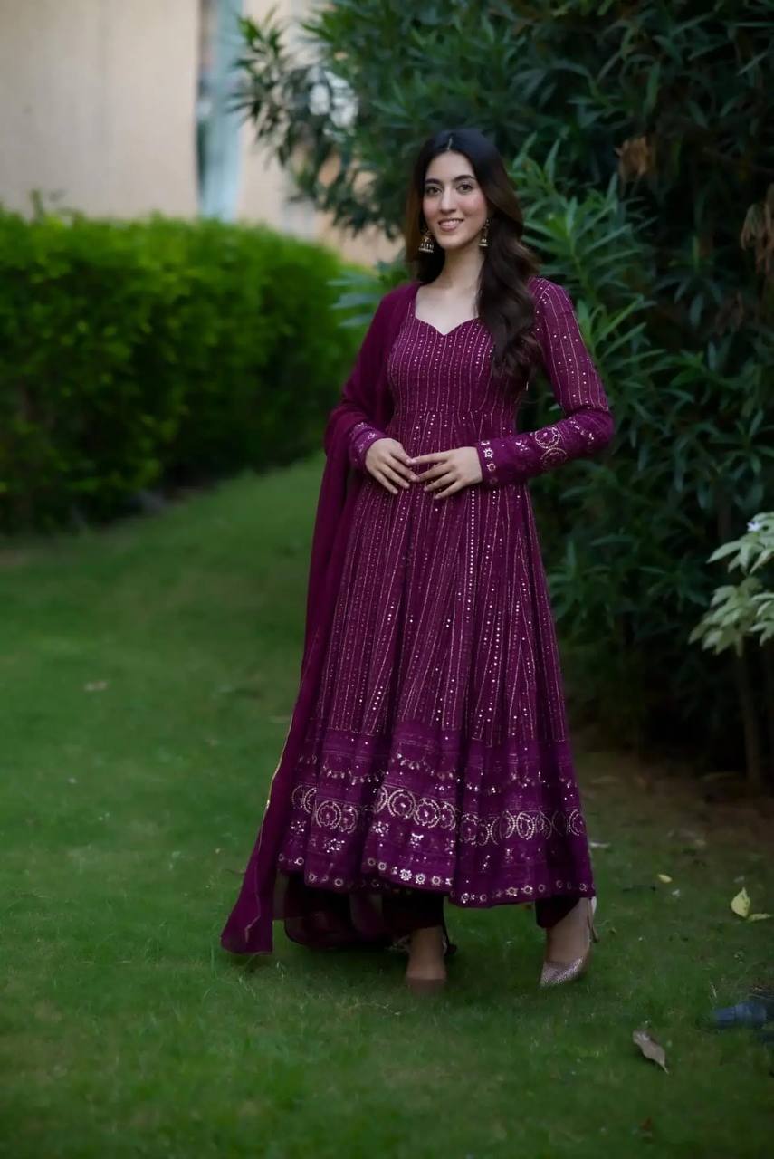Teeya Creation Wine Color Georgette Fabric Heavy Embroidery Work Fully Stitched Gown | Grocsy