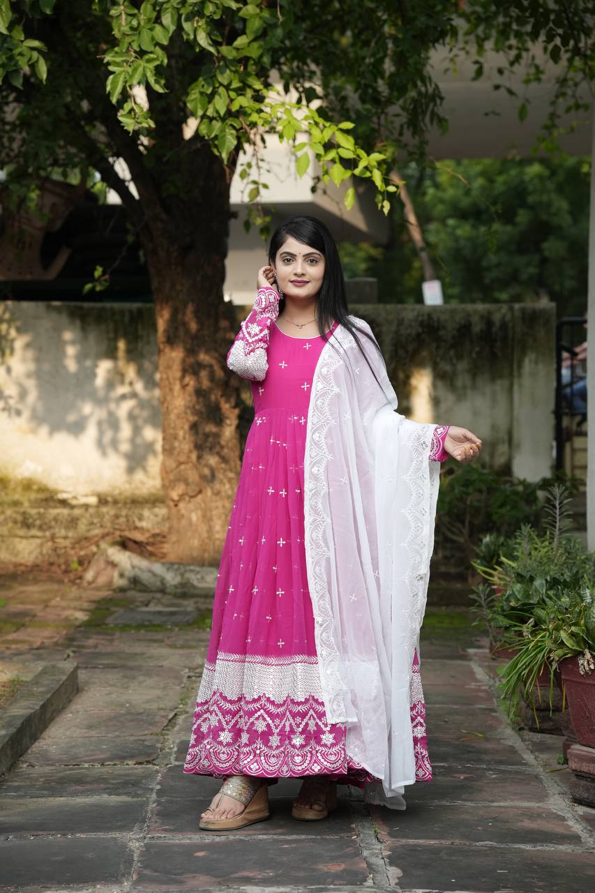 Teeya Creation Pink Color Georgette Fabric Heavy Embroidery Work Fully Stitched Gown | Grocsy