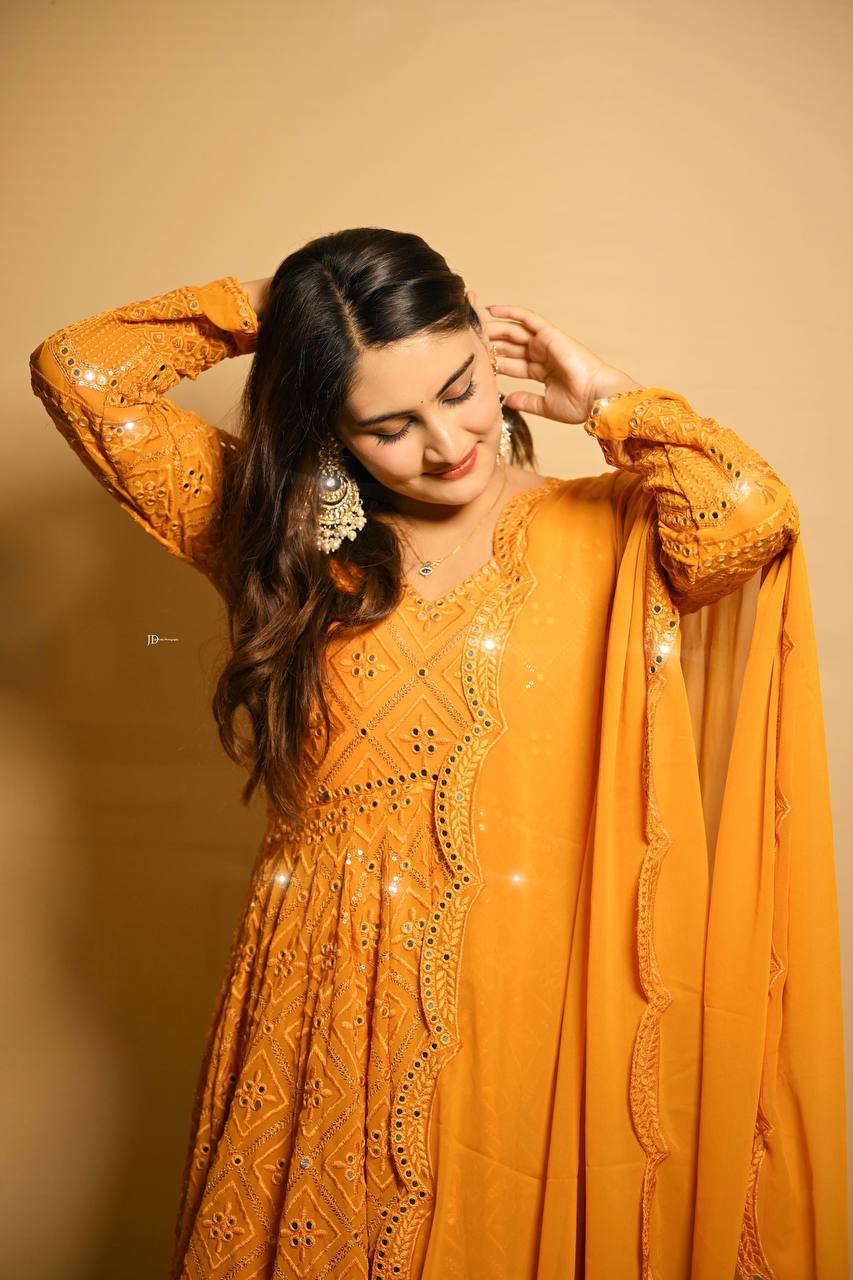 Teeya Creation Yellow Color Georgette Fabric Heavy Embroidery Work Fully Stitched Gown | Grocsy