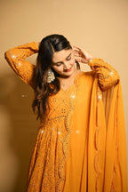Teeya Creation Yellow Color Georgette Fabric Heavy Embroidery Work Fully Stitched Gown | Grocsy