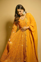 Teeya Creation Yellow Color Georgette Fabric Heavy Embroidery Work Fully Stitched Gown | Grocsy