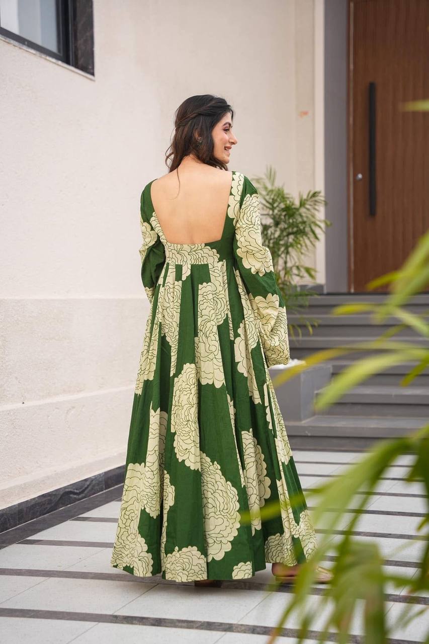 Teeya Creation Mahendi Green Color Muslin Silk Digital Printed Anarkali gown | Grocsy