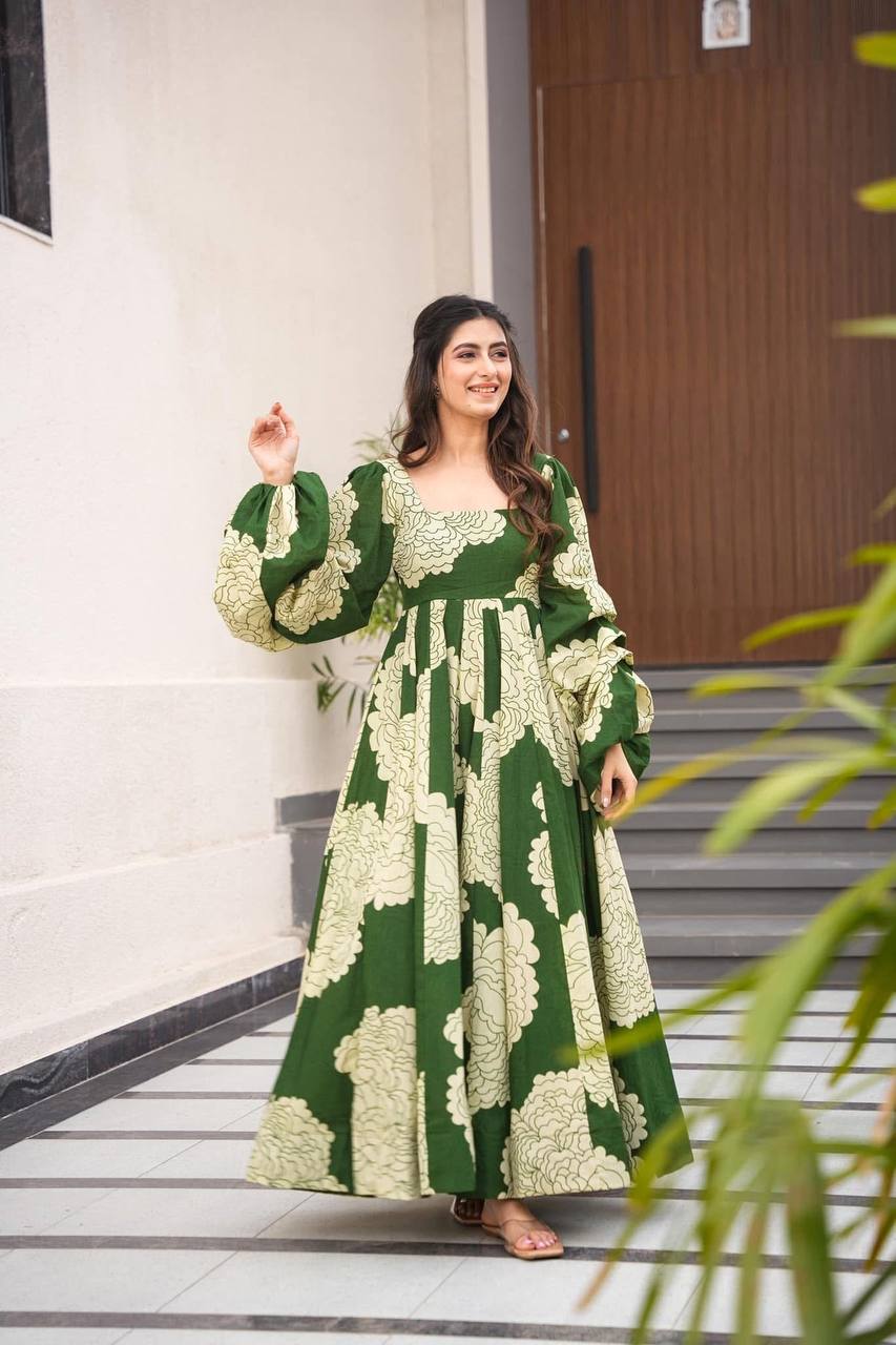 Teeya Creation Mahendi Green Color Muslin Silk Digital Printed Anarkali gown | Grocsy