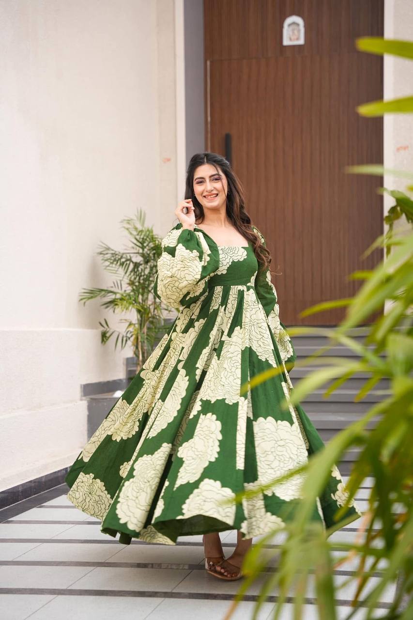 Teeya Creation Mahendi Green Color Muslin Silk Digital Printed Anarkali gown | Grocsy
