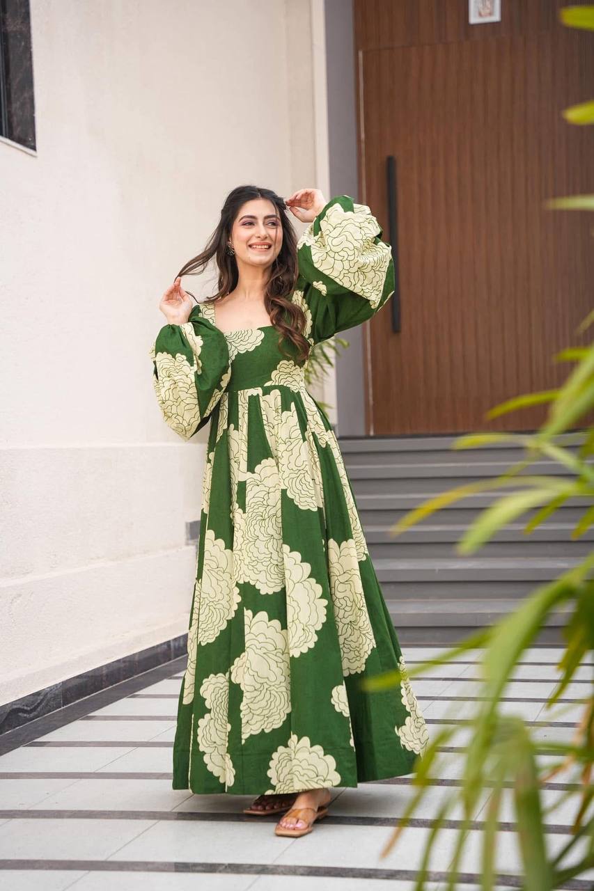 Teeya Creation Mahendi Green Color Muslin Silk Digital Printed Anarkali gown | Grocsy