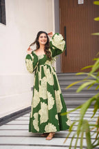 Teeya Creation Mahendi Green Color Muslin Silk Digital Printed Anarkali gown | Grocsy