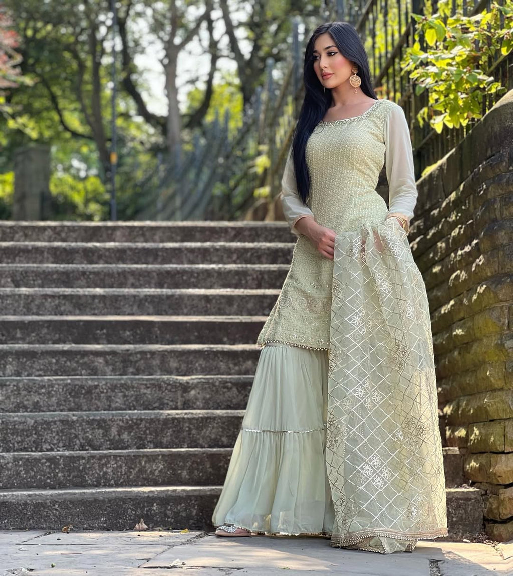 Teeya Creation Pista Colour Chinon Silk Heavy Embroidery Work Fully Stitched Salwar Suit | Grocsy