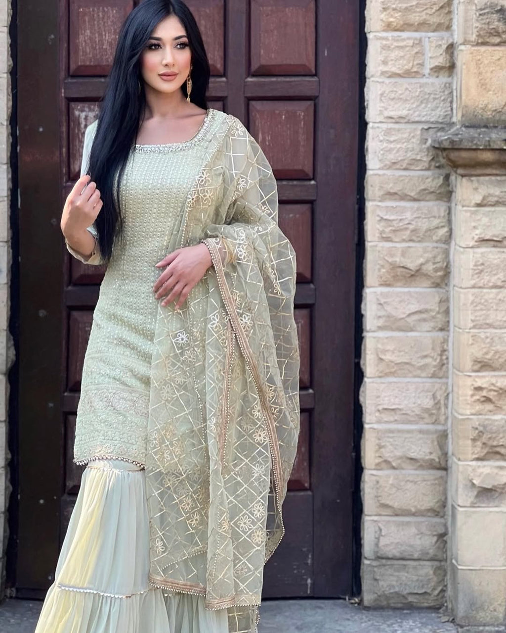 Teeya Creation Pista Colour Chinon Silk Heavy Embroidery Work Fully Stitched Salwar Suit | Grocsy
