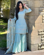 Teeya Creation Sky Colour Chinon Silk Heavy Embroidery Work Fully Stitched Salwar Suit | Grocsy