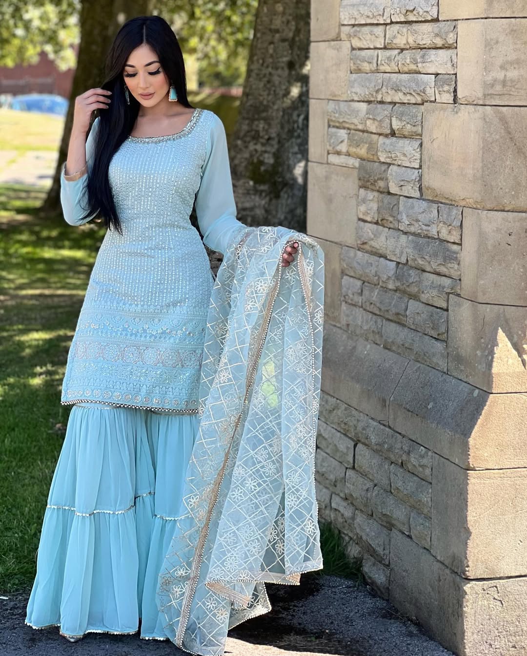 Teeya Creation Sky Colour Chinon Silk Heavy Embroidery Work Fully Stitched Salwar Suit | Grocsy