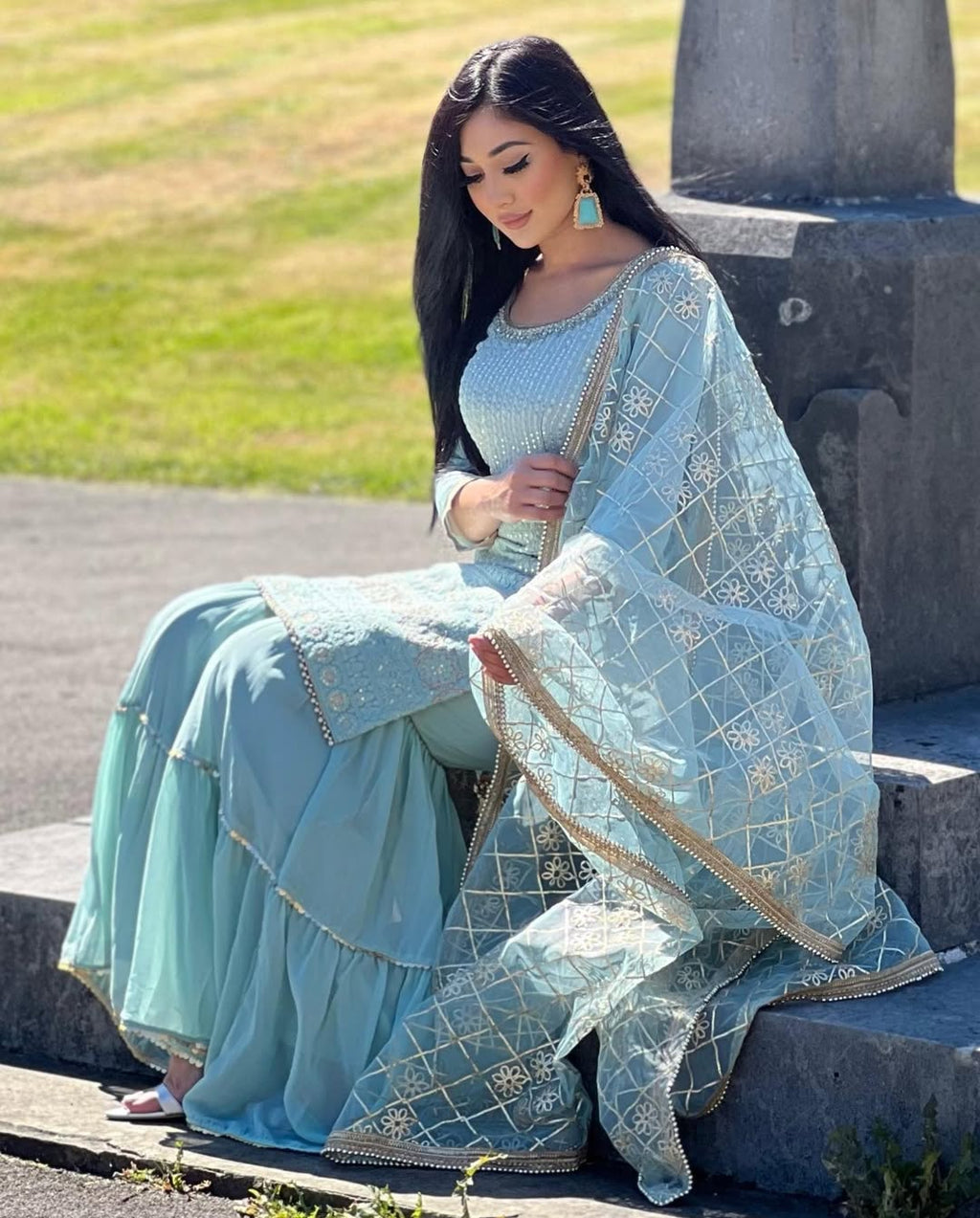 Teeya Creation Sky Colour Chinon Silk Heavy Embroidery Work Fully Stitched Salwar Suit | Grocsy