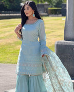 Teeya Creation Sky Colour Chinon Silk Heavy Embroidery Work Fully Stitched Salwar Suit | Grocsy