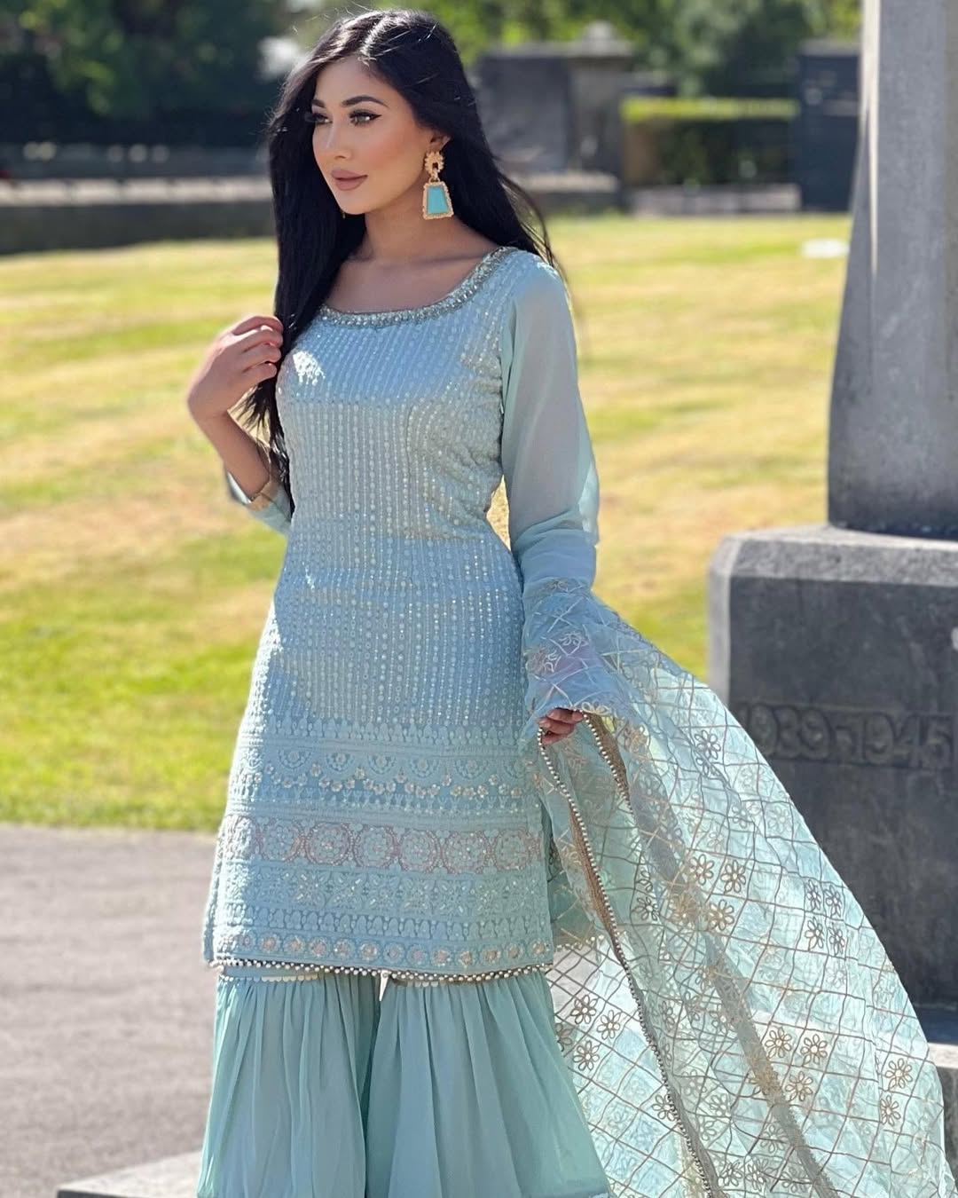 Teeya Creation Sky Colour Chinon Silk Heavy Embroidery Work Fully Stitched Salwar Suit | Grocsy