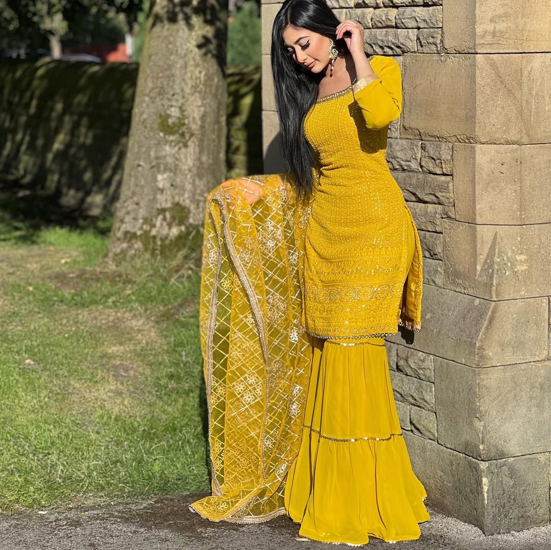Teeya Creation Yellow Colour Chinon Silk Heavy Embroidery Work Fully Stitched Salwar Suit | Grocsy