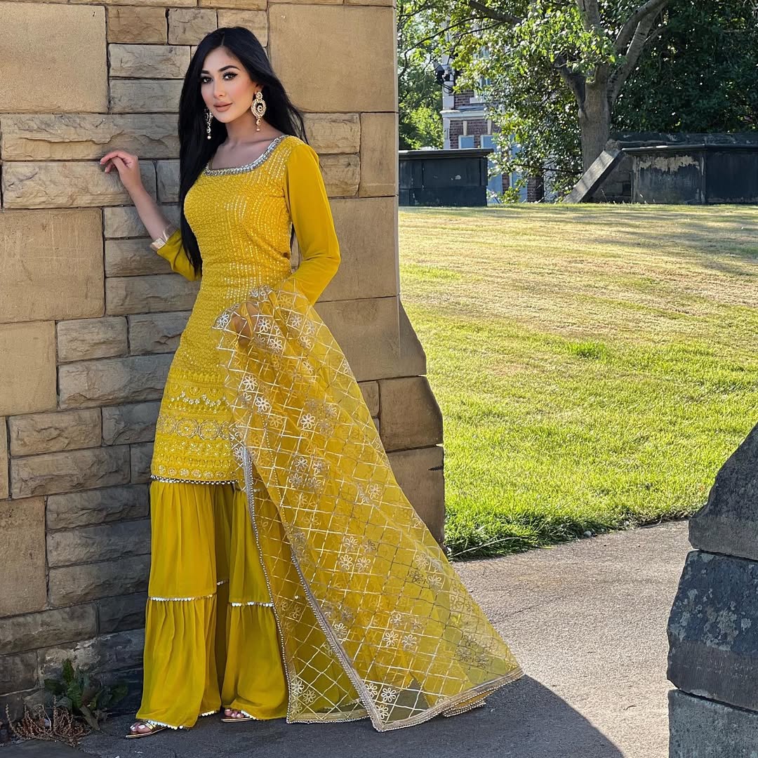 Teeya Creation Yellow Colour Chinon Silk Heavy Embroidery Work Fully Stitched Salwar Suit | Grocsy