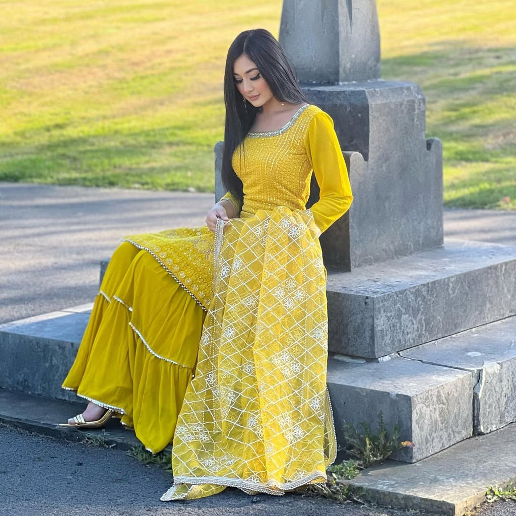 Teeya Creation Yellow Colour Chinon Silk Heavy Embroidery Work Fully Stitched Salwar Suit | Grocsy