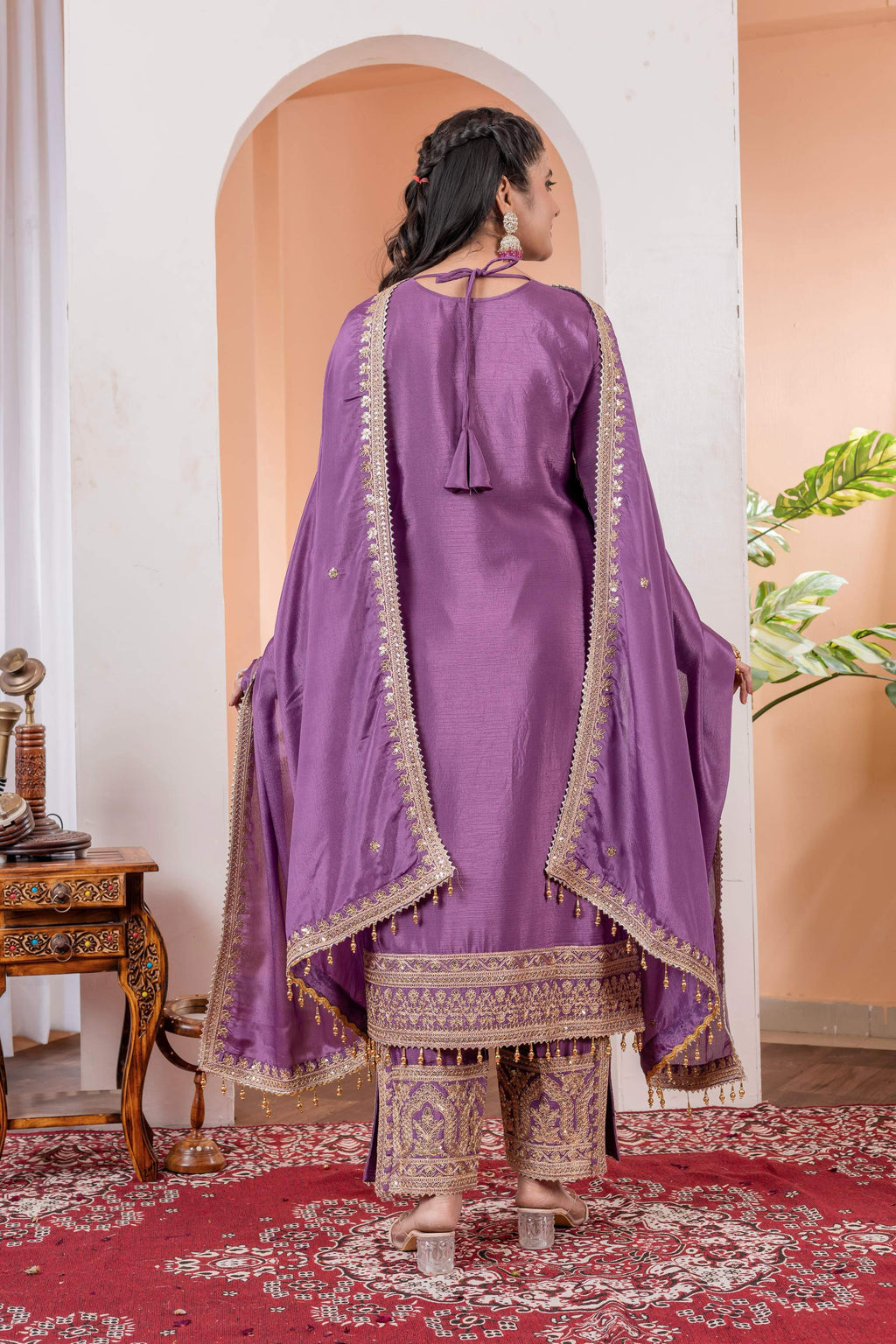 Teeya Creation Lavender Color Chinon Silk Heavy Embroidery Work Fully Stitched Salwar Suit | Grocsy
