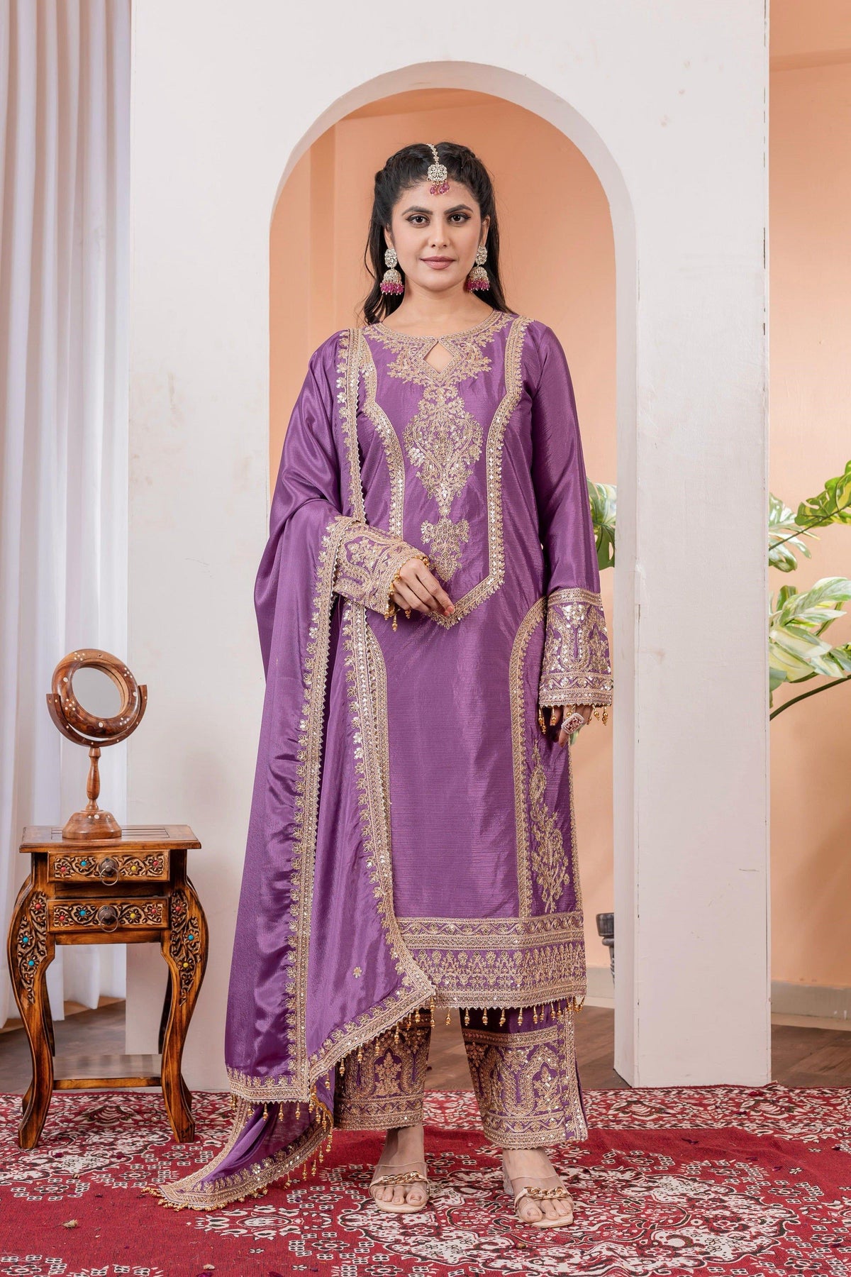 Teeya Creation Lavender Color Chinon Silk Heavy Embroidery Work Fully Stitched Salwar Suit | Grocsy