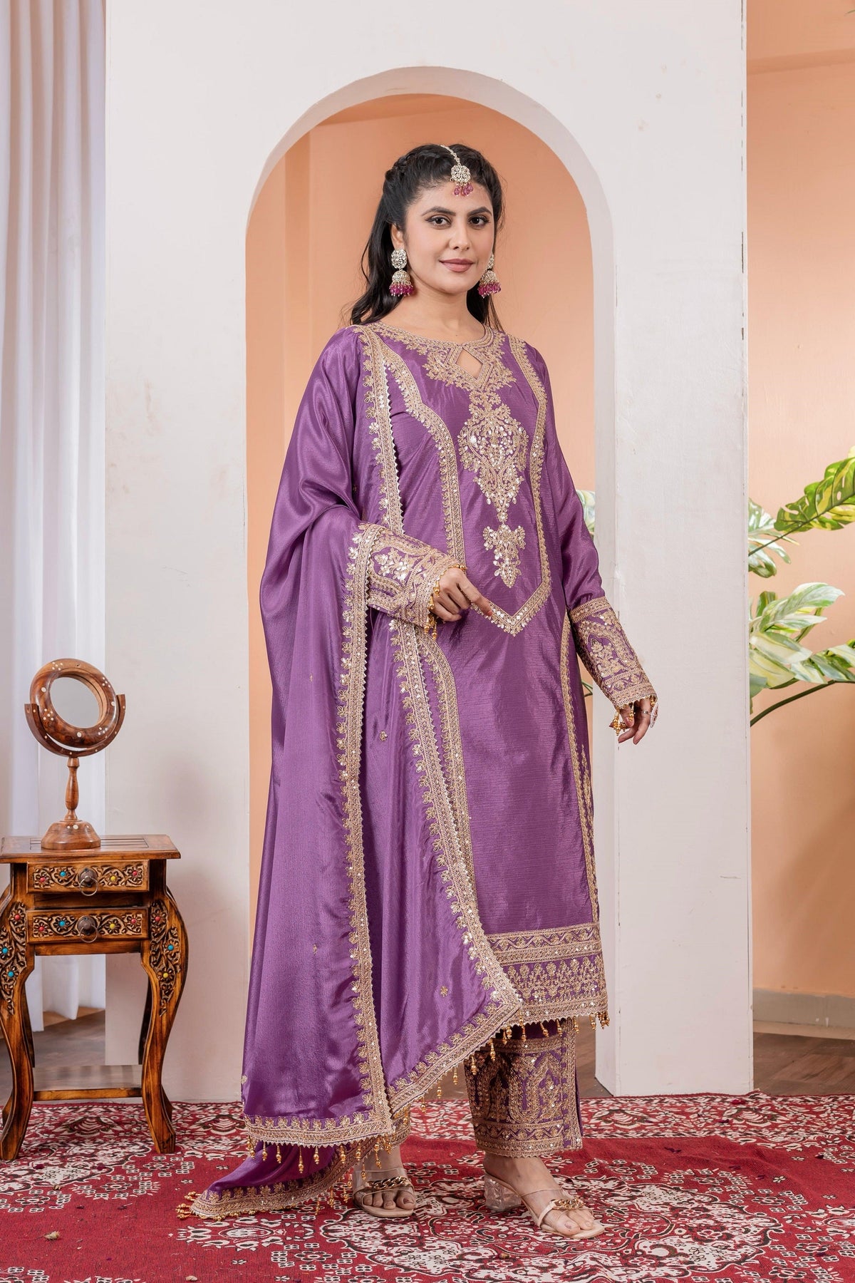 Teeya Creation Lavender Color Chinon Silk Heavy Embroidery Work Fully Stitched Salwar Suit | Grocsy