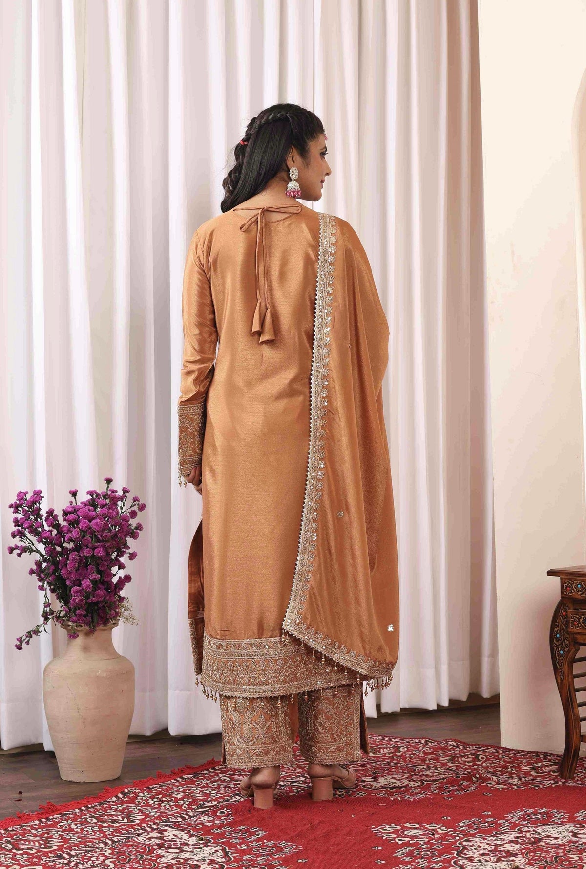 Teeya Creation Peach Color Chinon Silk Heavy Embroidery Work Fully Stitched Salwar Suit | Grocsy