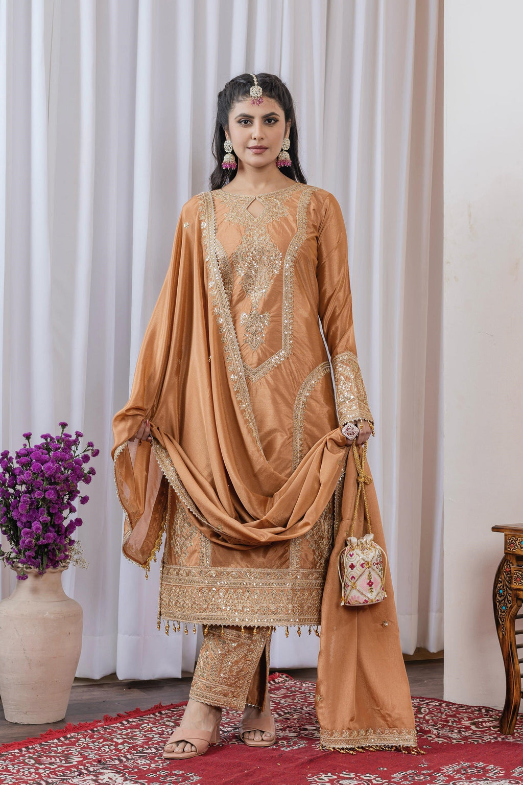 Teeya Creation Peach Color Chinon Silk Heavy Embroidery Work Fully Stitched Salwar Suit | Grocsy