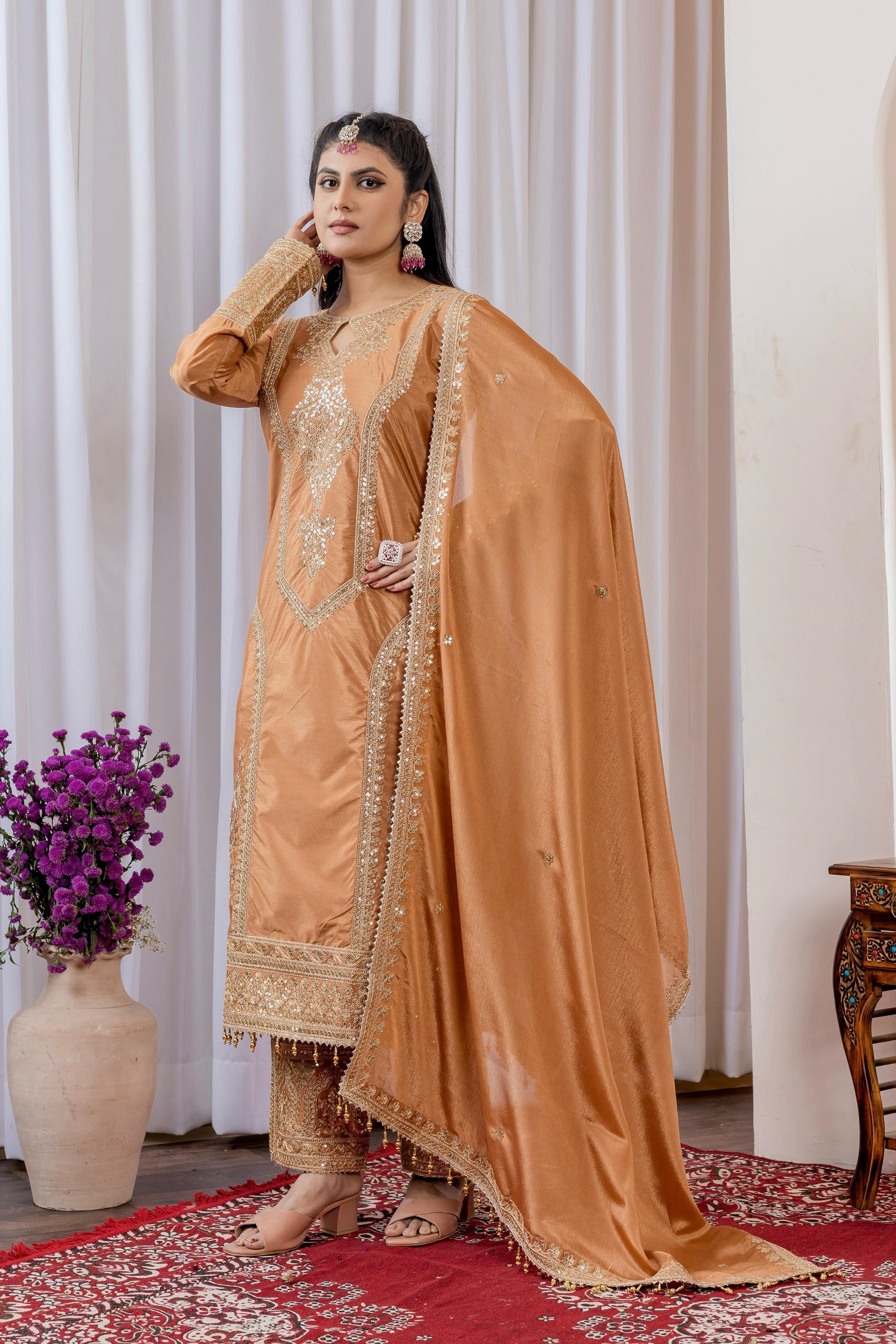 Teeya Creation Peach Color Chinon Silk Heavy Embroidery Work Fully Stitched Salwar Suit | Grocsy