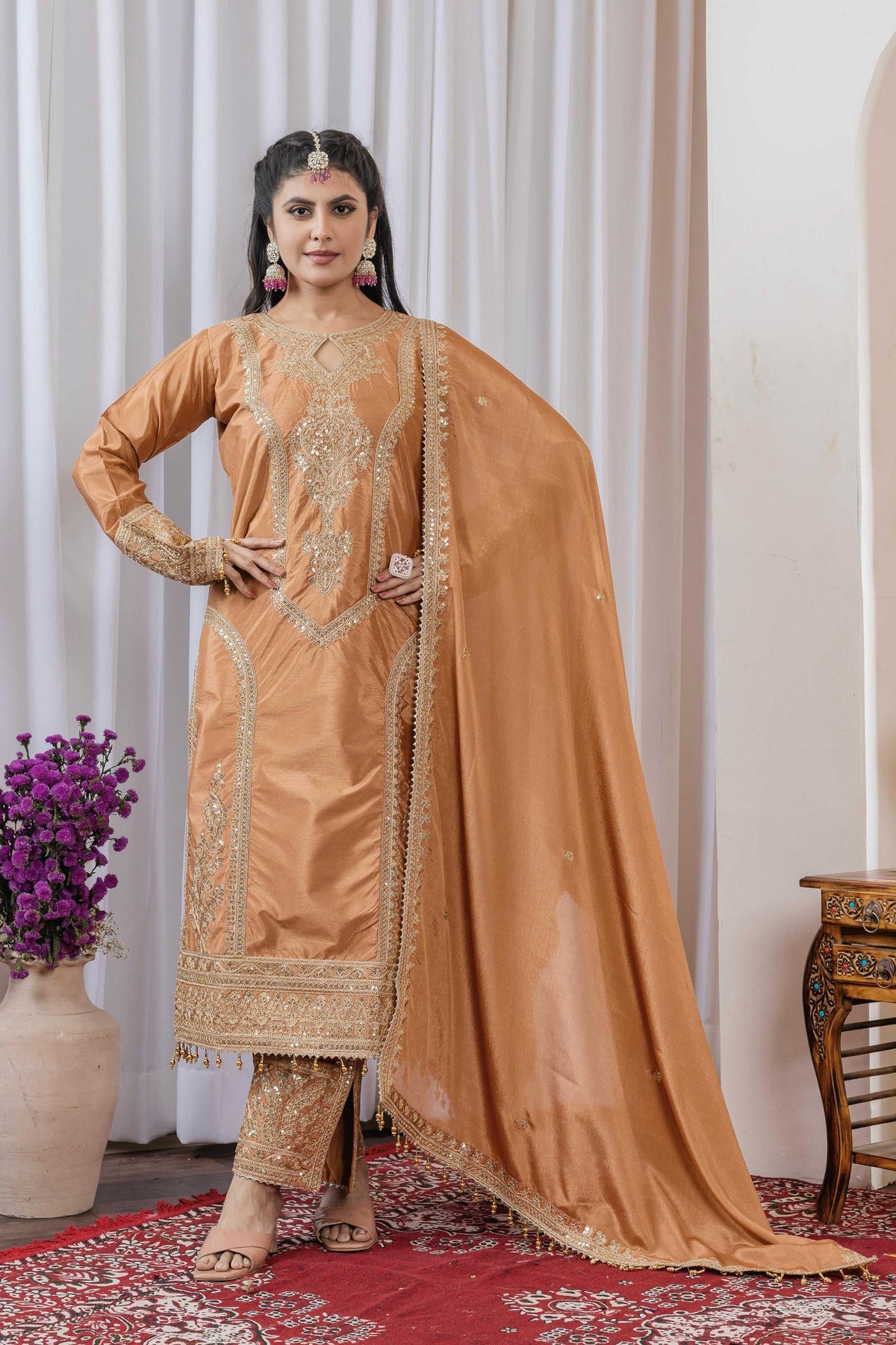 Teeya Creation Peach Color Chinon Silk Heavy Embroidery Work Fully Stitched Salwar Suit | Grocsy