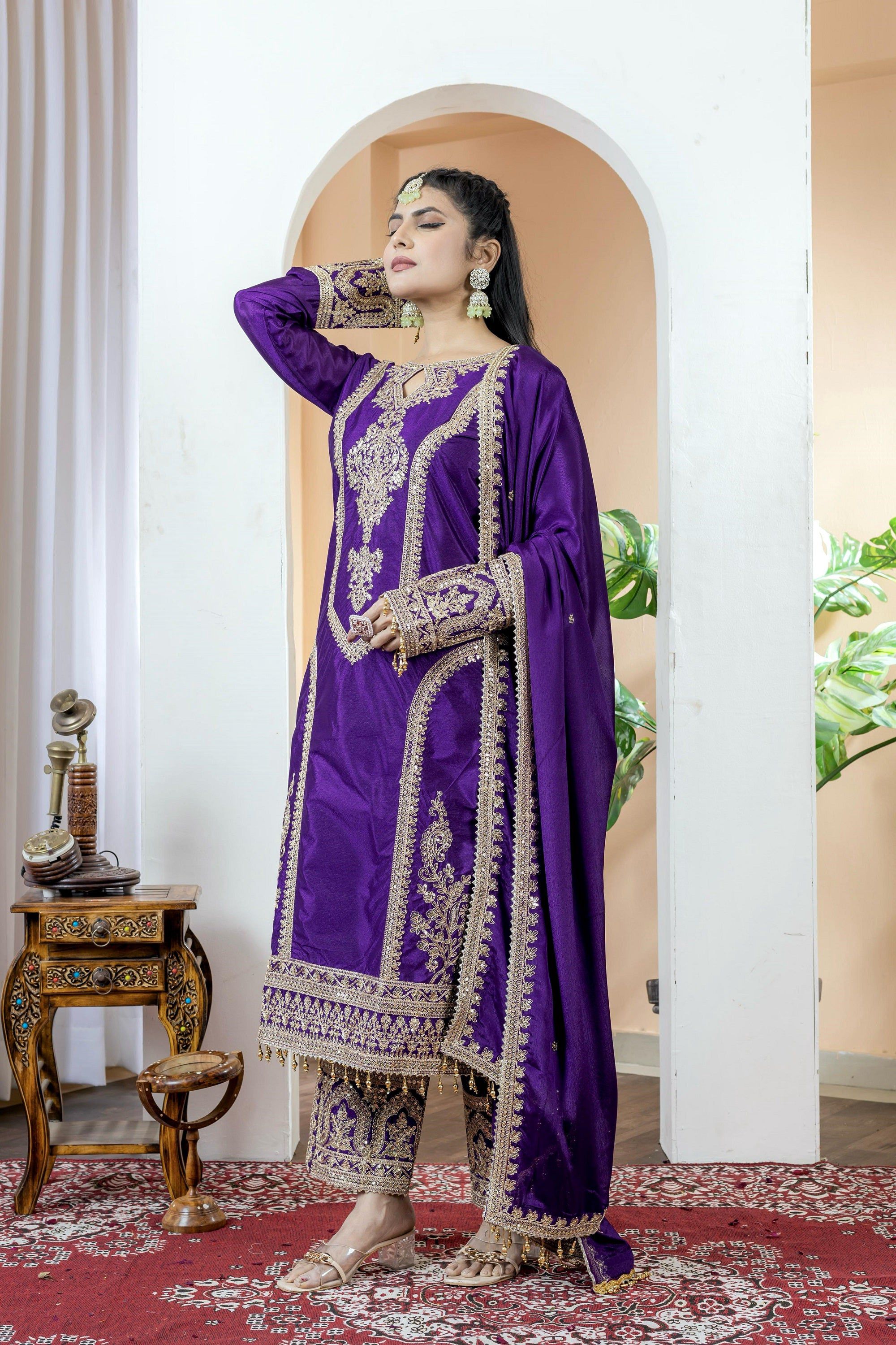 Teeya Creation Purple Color Chinon Silk Heavy Embroidery Work Fully Stitched Salwar Suit | Grocsy