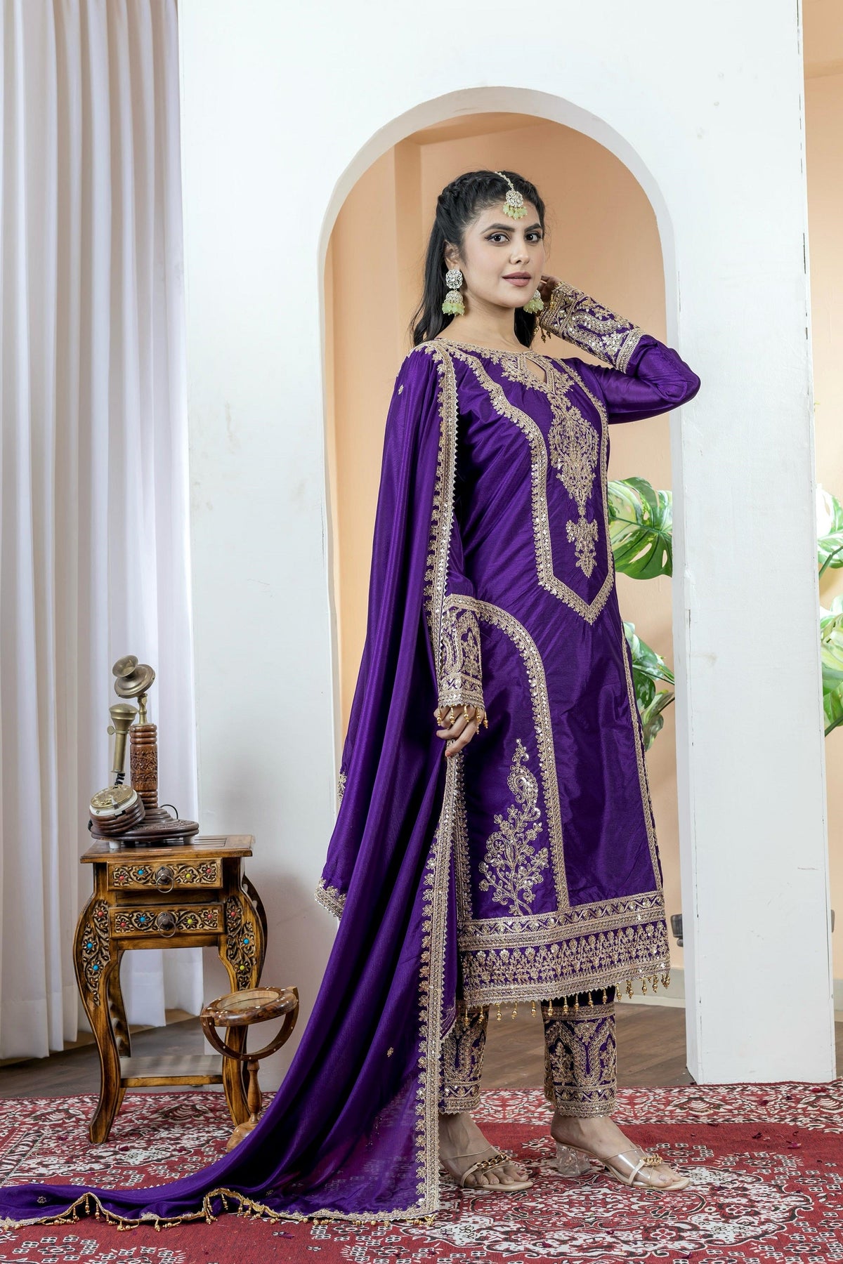 Teeya Creation Purple Color Chinon Silk Heavy Embroidery Work Fully Stitched Salwar Suit | Grocsy