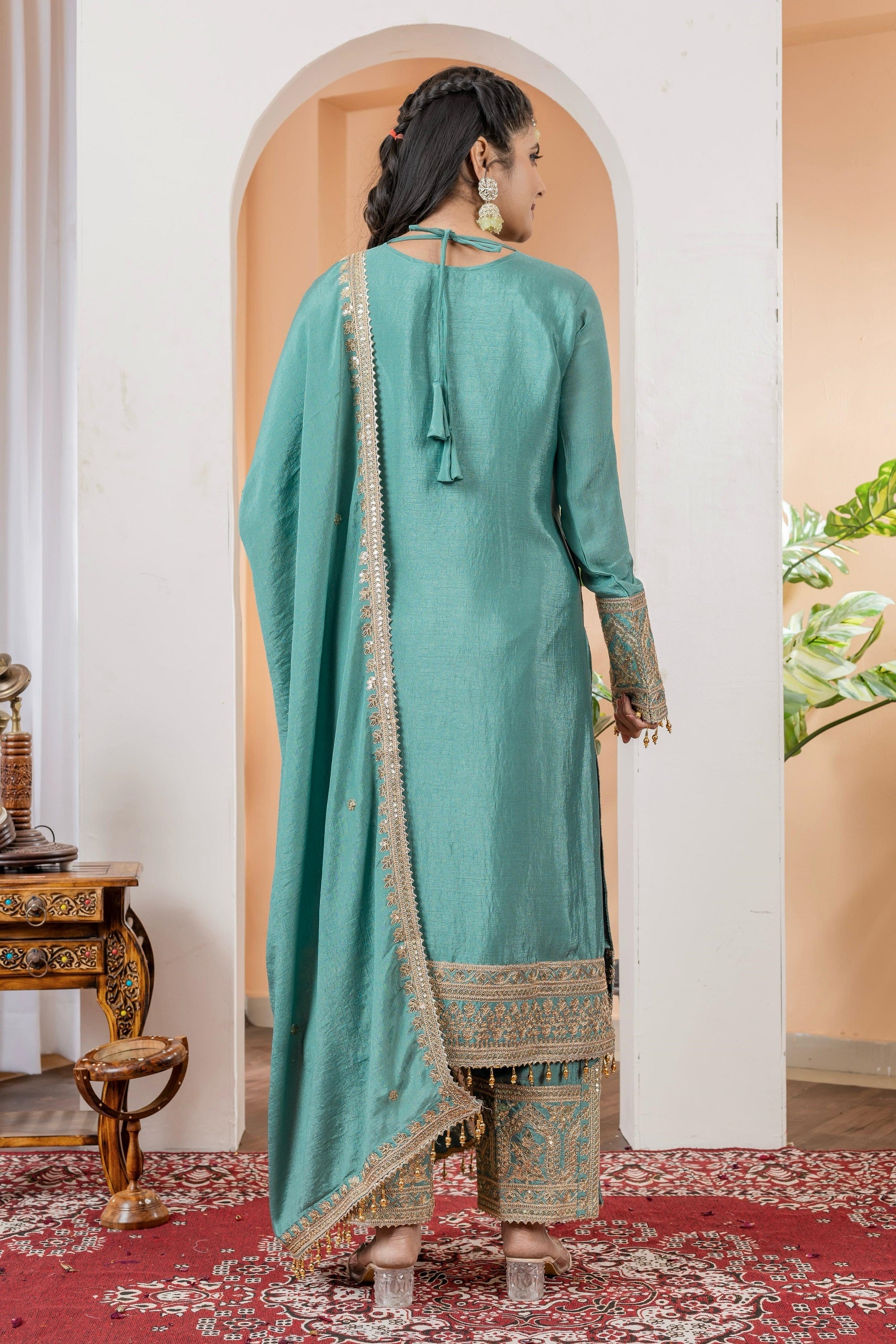 Teeya Creation Turquoise Color Chinon Silk Heavy Embroidery Work Fully Stitched Salwar Suit | Grocsy