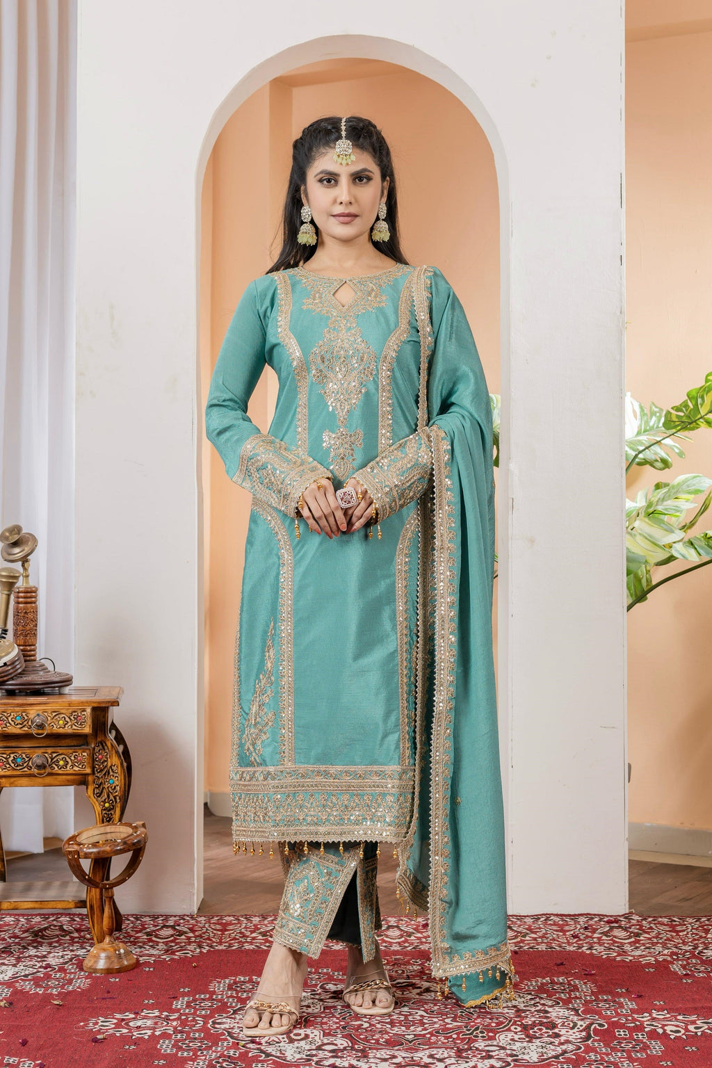 Teeya Creation Turquoise Color Chinon Silk Heavy Embroidery Work Fully Stitched Salwar Suit | Grocsy