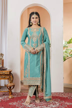 Teeya Creation Turquoise Color Chinon Silk Heavy Embroidery Work Fully Stitched Salwar Suit | Grocsy