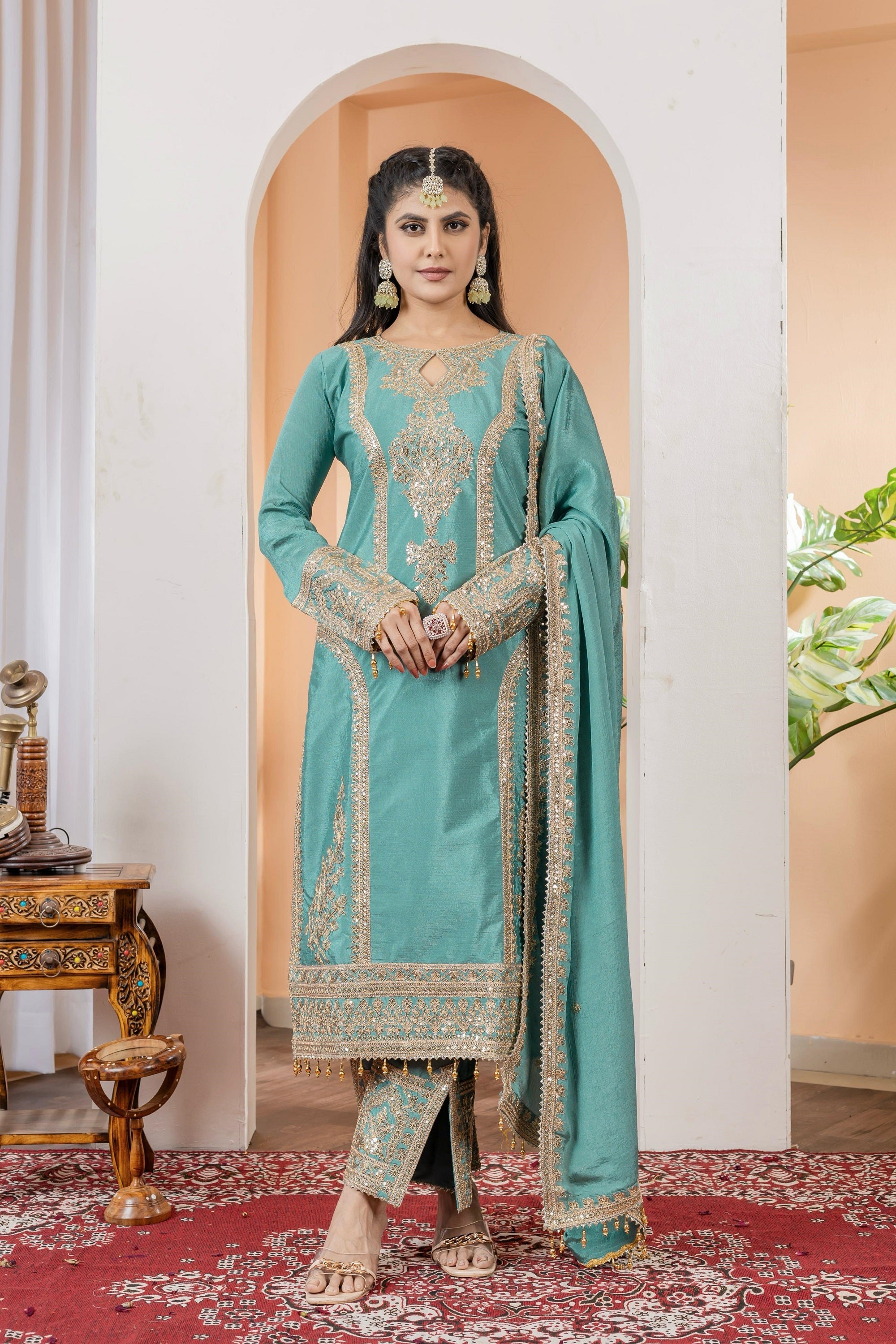 Teeya Creation Turquoise Color Chinon Silk Heavy Embroidery Work Fully Stitched Salwar Suit | Grocsy