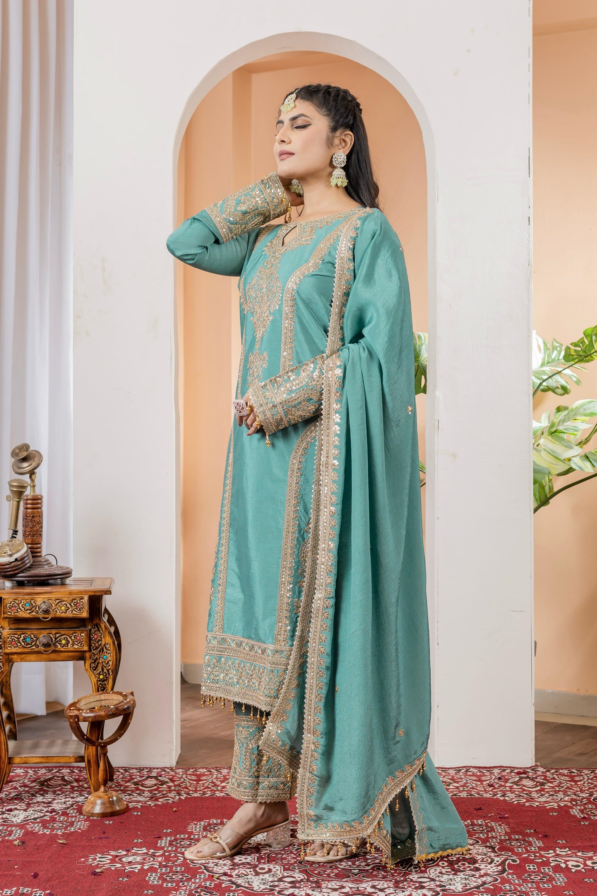 Teeya Creation Turquoise Color Chinon Silk Heavy Embroidery Work Fully Stitched Salwar Suit | Grocsy