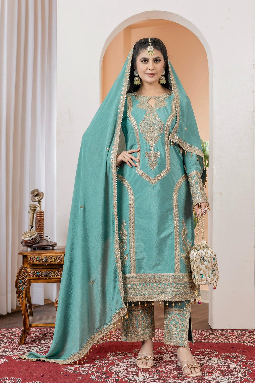 Teeya Creation Turquoise Color Chinon Silk Heavy Embroidery Work Fully Stitched Salwar Suit | Grocsy