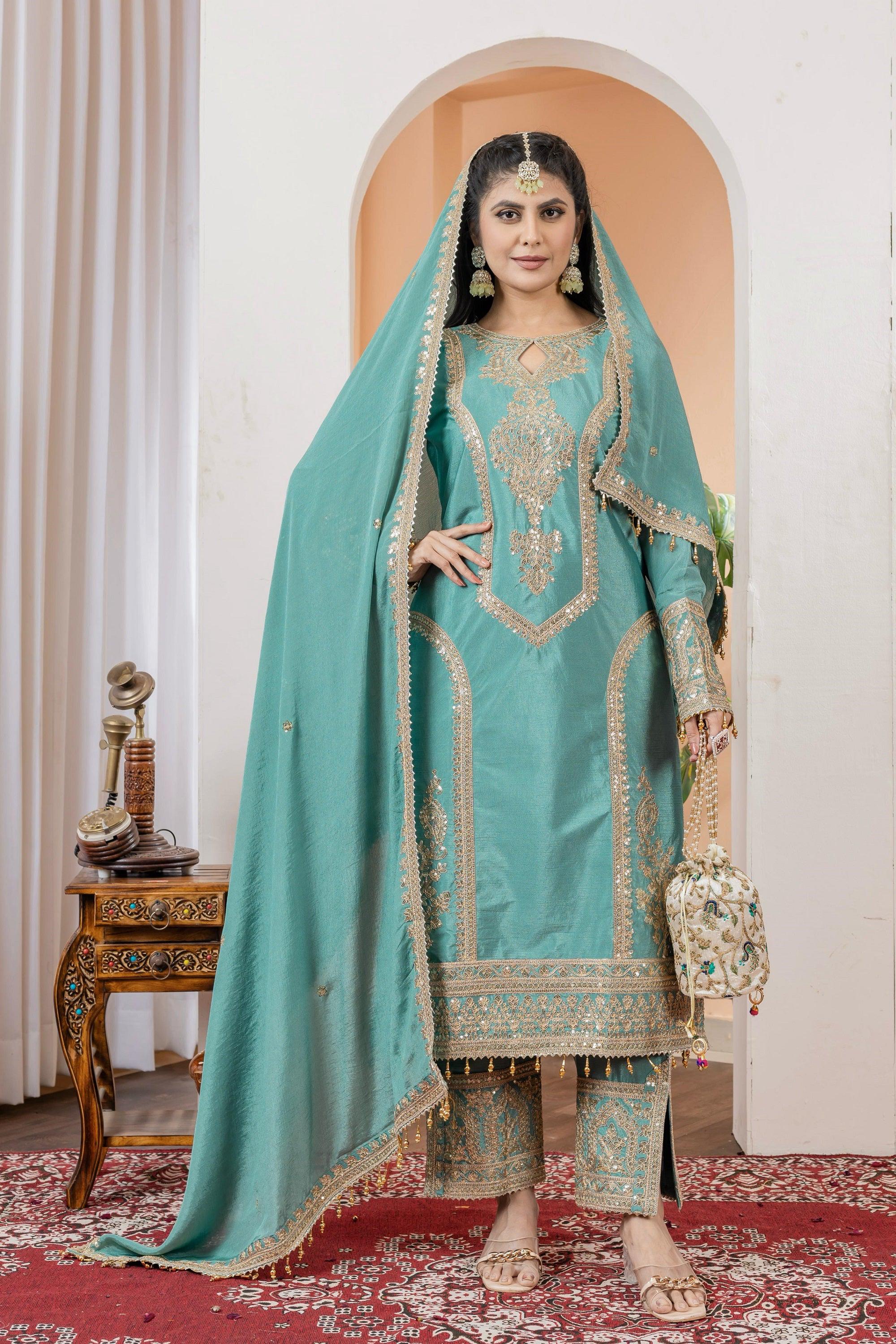 Teeya Creation Turquoise Color Chinon Silk Heavy Embroidery Work Fully Stitched Salwar Suit | Grocsy