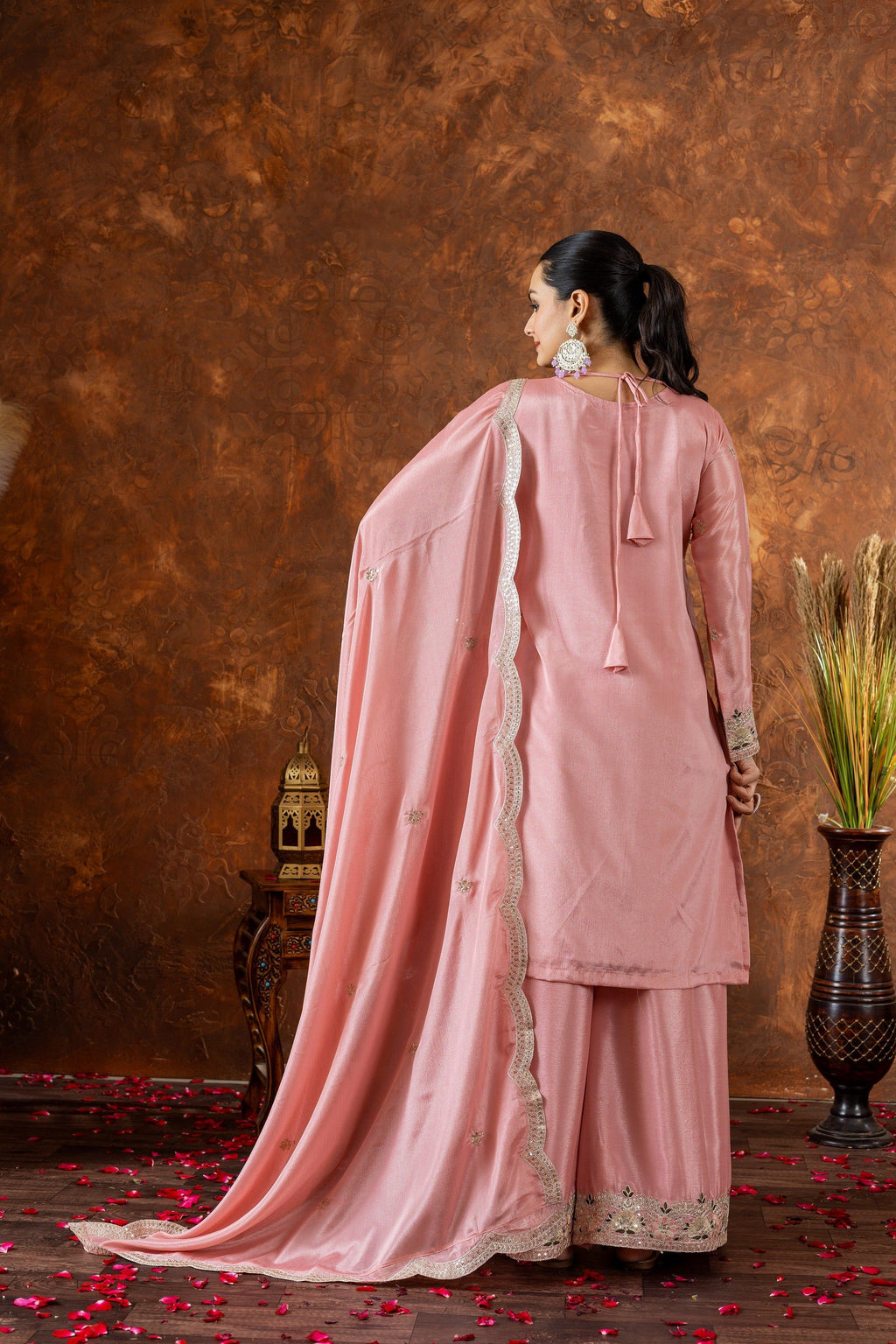 Teeya Creation Peach Color Chinon Silk Heavy Embroidery Work Fully Stitched Salwar Suit | Grocsy