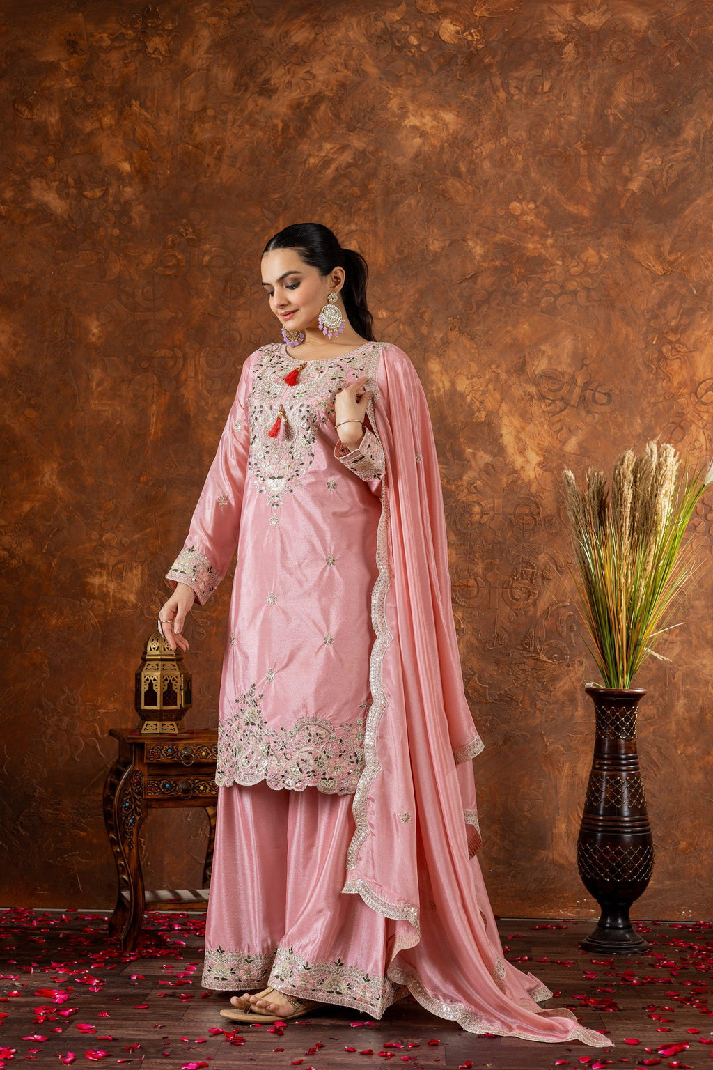 Teeya Creation Peach Color Chinon Silk Heavy Embroidery Work Fully Stitched Salwar Suit | Grocsy