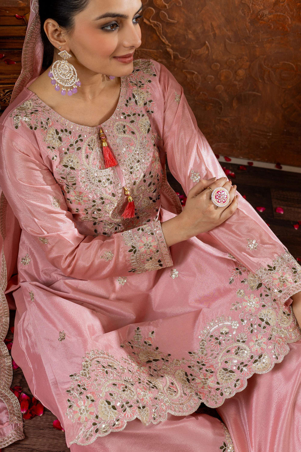 Teeya Creation Peach Color Chinon Silk Heavy Embroidery Work Fully Stitched Salwar Suit | Grocsy