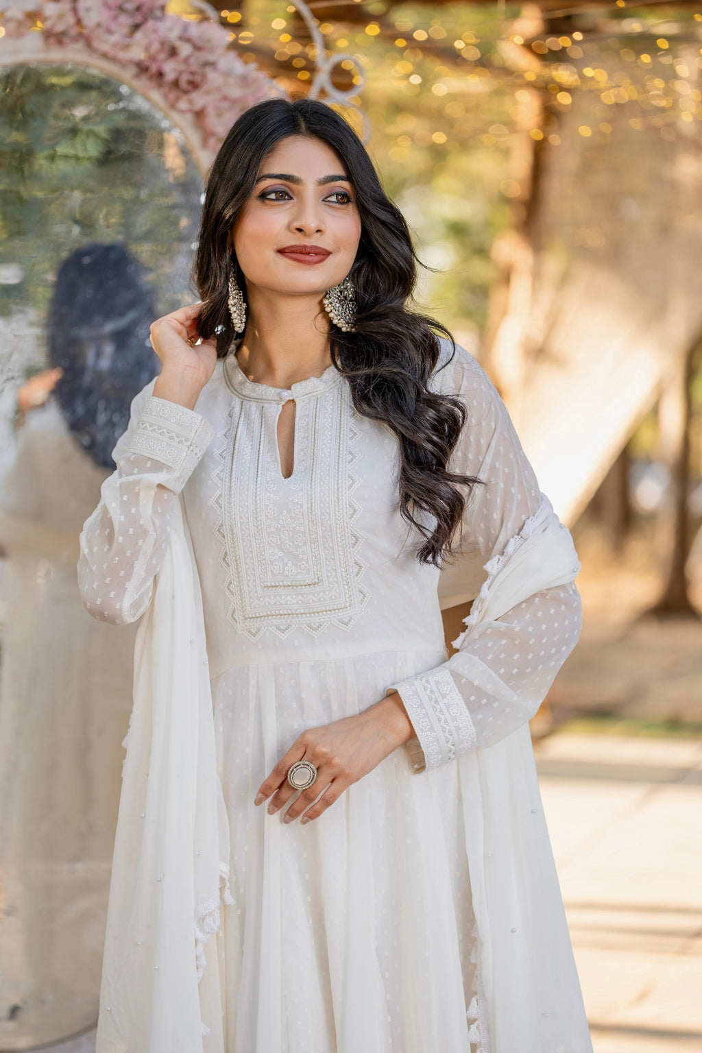 Teeya Creation White Color 1000 Butto Georgette Fabric Heavy embroidery work Fully Stitched Gown | Grocsy