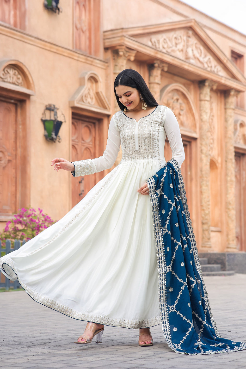 Teeya Creation White Color Chinon Silk Heavy Embroidery Work Fully Stitched Gown | Grocsy