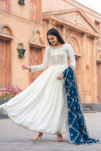 Teeya Creation White Color Chinon Silk Heavy Embroidery Work Fully Stitched Gown | Grocsy