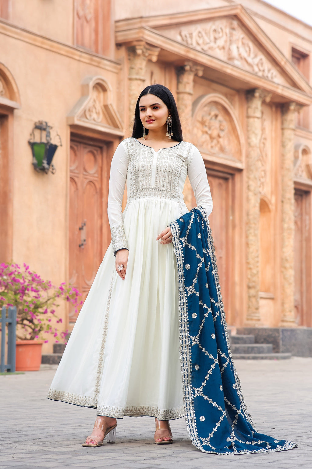 Teeya Creation White Color Chinon Silk Heavy Embroidery Work Fully Stitched Gown | Grocsy