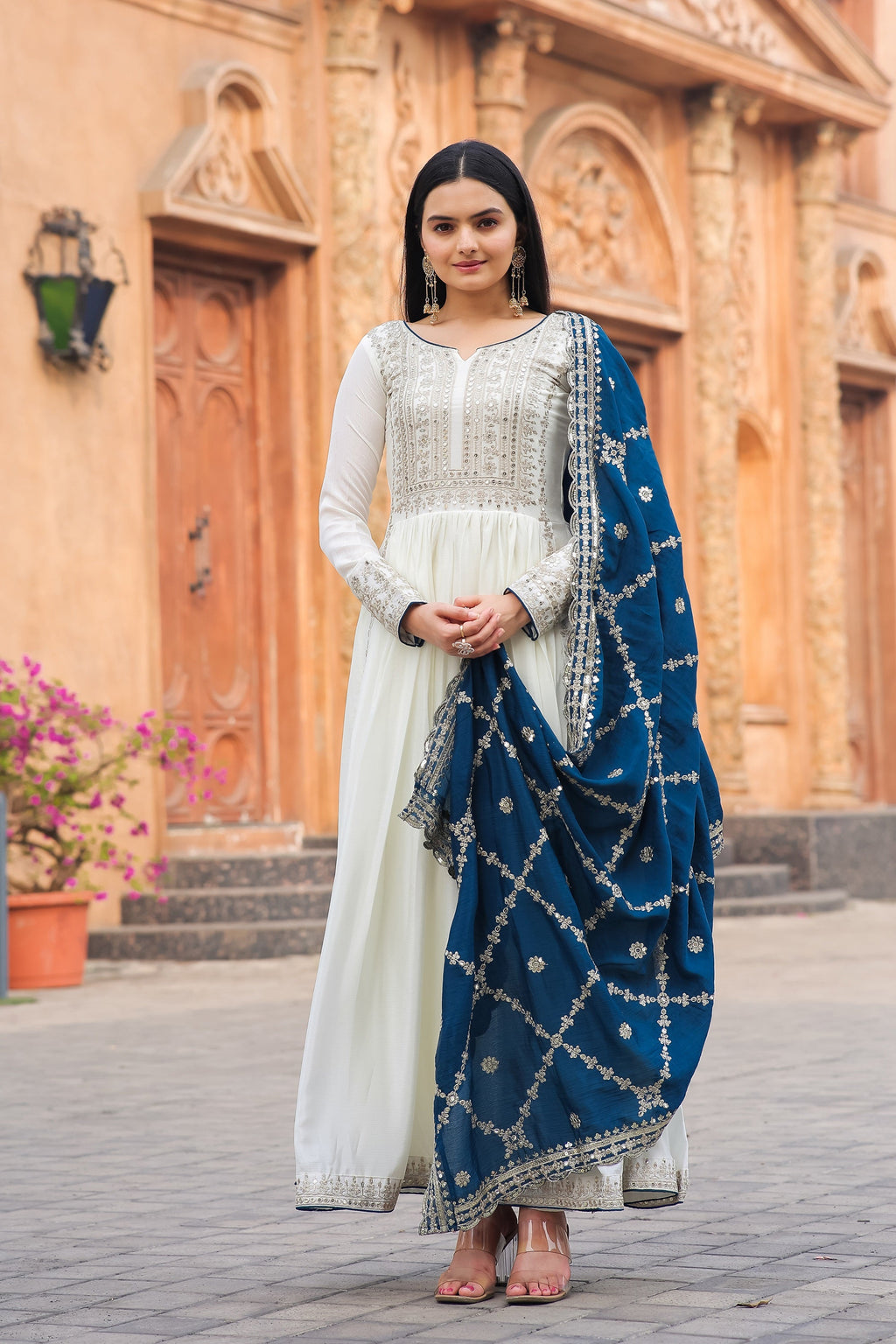 Teeya Creation White Color Chinon Silk Heavy Embroidery Work Fully Stitched Gown | Grocsy