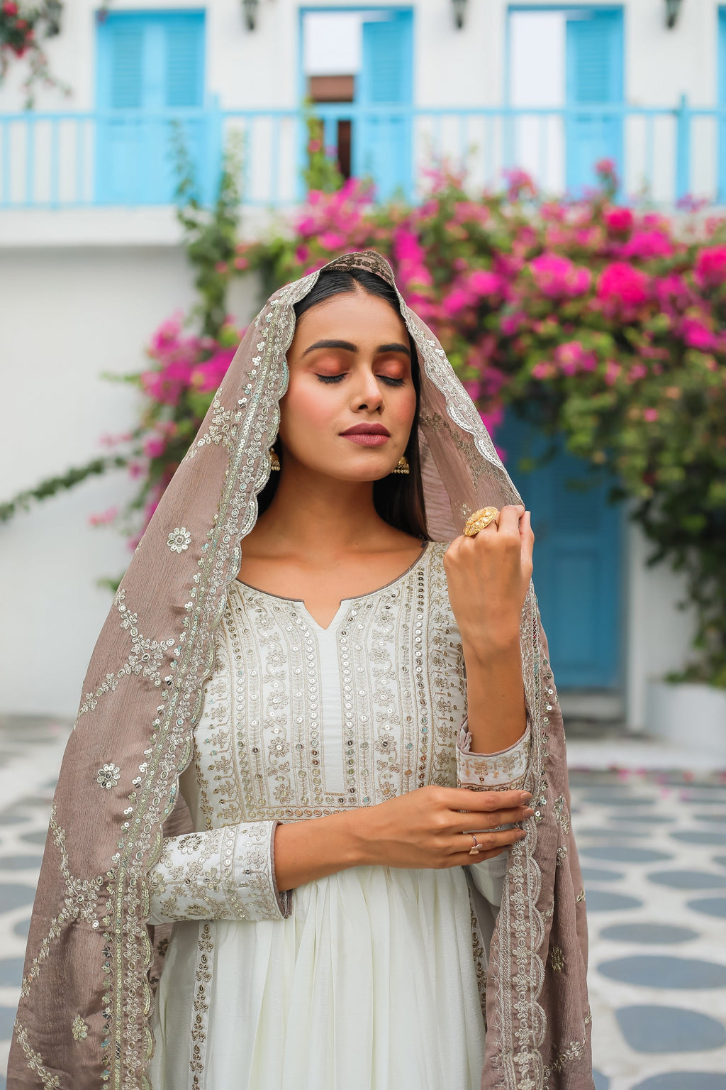 Teeya Creation White Color Chinon Silk Heavy Embroidery Work Fully Stitched Gown | Grocsy